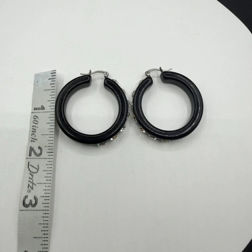 Black Chunky Hoop Earrings Clear Rhinestone Statement Y2K Glam Sparkle Pierced